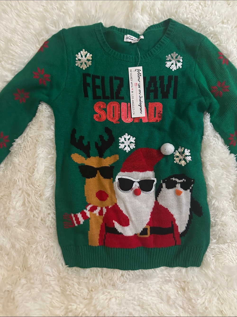 Ten Sixty Sherman Green Kids Holiday 'Feliz Avi Squad' Sweater with Red Accents